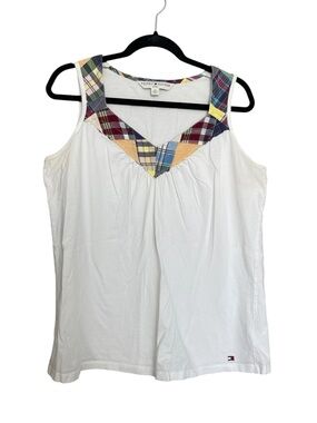 Tommy Hilfiger White Tank Top with Multicolor Plaid Trim